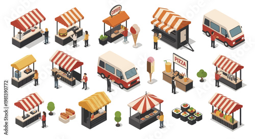 Isometric food stalls and trucks collection for street food market.