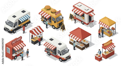 Isometric food trucks and market stalls with people.