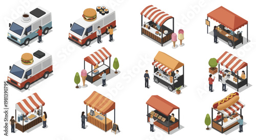 Isometric food trucks and market stalls with people.
