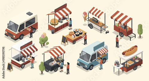 Isometric food trucks and stalls at a street market event.