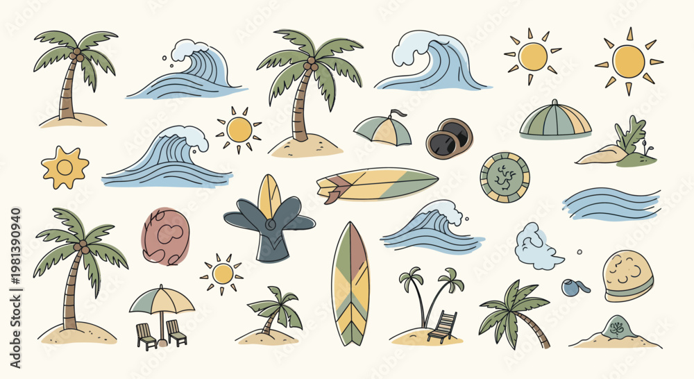 Obraz premium Tropical Beach Elements Collection Palm Trees Surfboards and Ocean Waves.