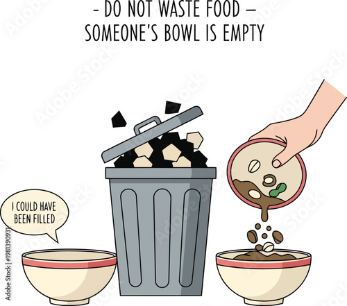 do not waste food concept illustration showing empty bowl vs trash can with social message