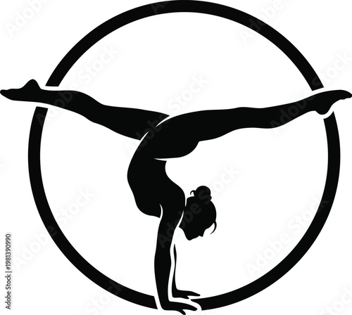 Gymnast performing handstand inside a circular frame isolated black silhouette vector graphic design element icon