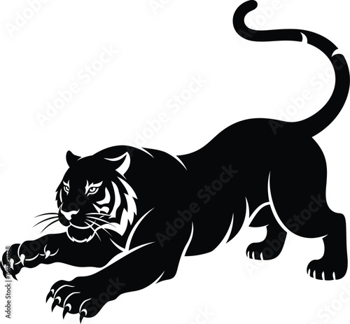 Black silhouette of a stalking tiger isolated on white background for logo mascot graphic design