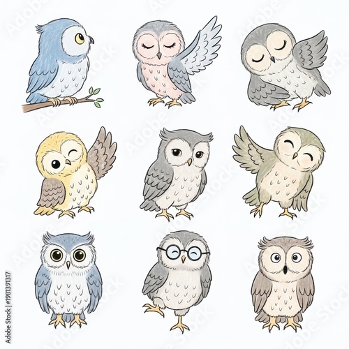 Collection of cute cartoon owl illustrations in various poses