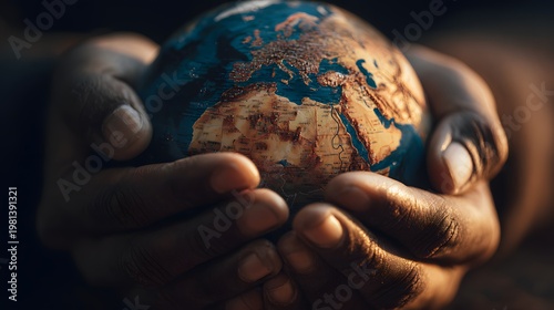 Global care: Hands cradling illuminated Earth