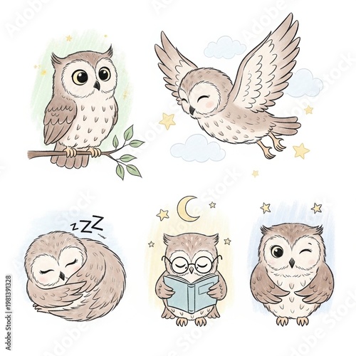 Whimsical Owls Sleeping and Reading at Night