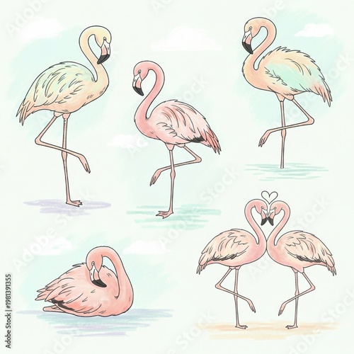 Flamingos in Love, Watercolor Style Illustration