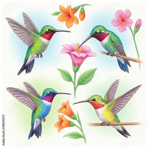 Colorful hummingbirds and flowers in a vibrant scene