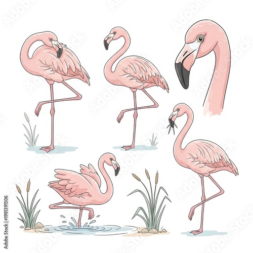 Flamingos in various poses with water and grass