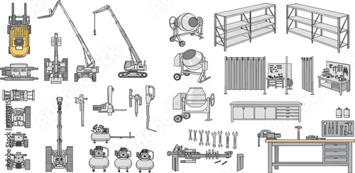 Comprehensive vector collection showcasing essential industrial, construction, and workshop equipment with a variety of machinery, tools, and storage solutions as detailed line art illustrations