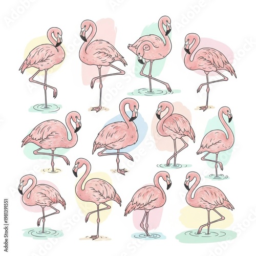 Flamingos Standing in Various Poses Illustration
