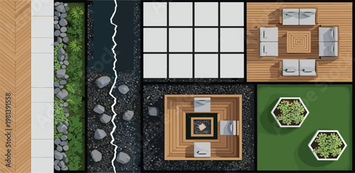 Top-down view of a modern outdoor living space plan featuring various elements like a patio, garden, fire pit, and seating arrangements, ideal for landscape design concepts