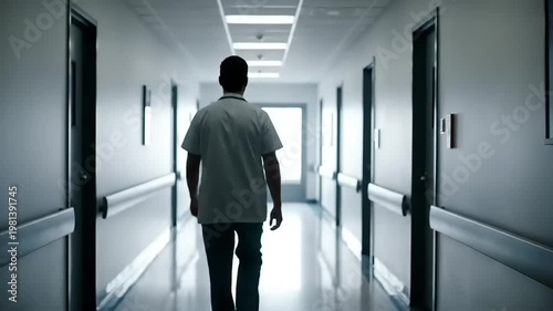 Silhouette of a medical professional walking down a hospital corridor.
