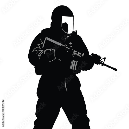 Silhouette of a Person in Tactical Gear Holding a Rifle for Security or Military Use