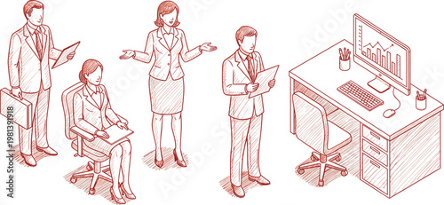 Isometric hand-drawn sketch illustration of a professional business team and an organized office workspace, depicting various corporate roles and activities