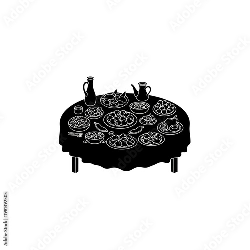 Clean vector icon of a traditional banquet table, richly adorned with a generous spread of food, embodying the timeless ritual of festive dining