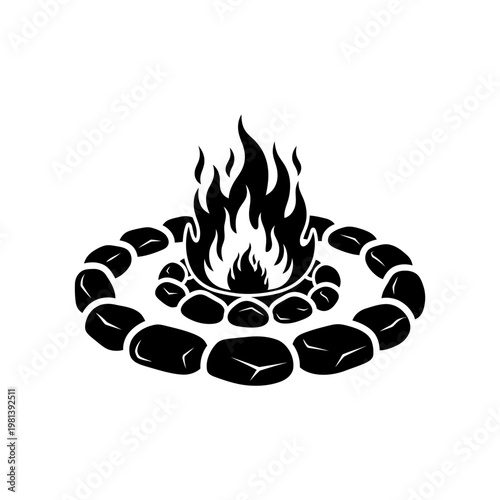 Vector icon of a crackling campfire, surrounded by a protective stone ring, symbolizing outdoor adventure, warmth, and cozy evening gatherings