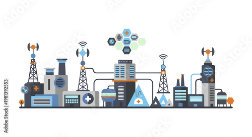 Modern Industrial Smart City Infrastructure with Communication Towers.