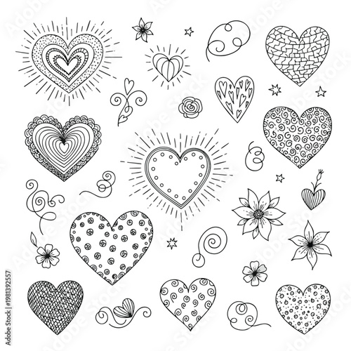Collection of Hand Drawn Heart and Love Symbol Illustrations for Romantic or Valentine s Day Themes