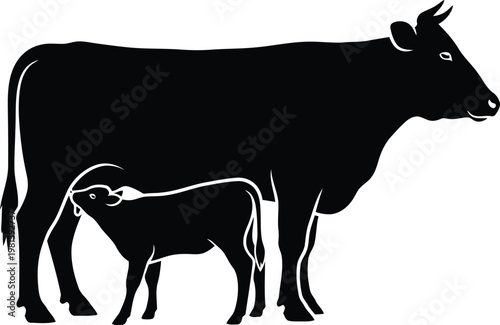 Black silhouette of a mother cow nursing her young calf isolated on white background vector