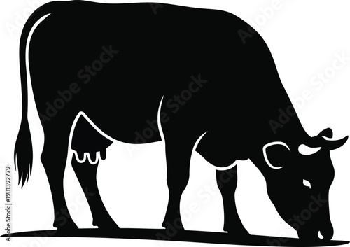 Black silhouette of a grazing cow isolated on white background for farm logo design elements