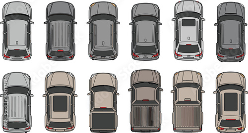 Overhead view illustrations of diverse automobiles, including sport utility vehicles, pickup trucks, and minivans, depicted in a clean, graphic style for various transportation design projects