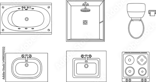 Top-down blueprint views of common household fixtures including a bathtub, shower stall, toilet, two sinks, and a stove, showcasing architectural and home design elements