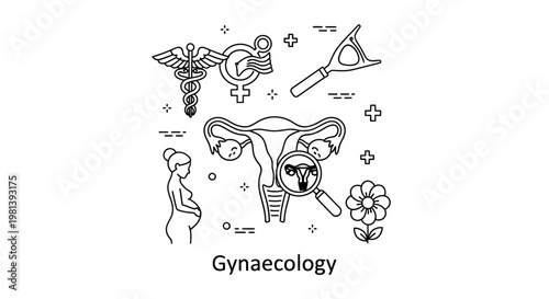 Gynaecology Concept with Uterus Anatomy, Medical Icons, and Pregnancy.