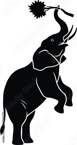 Black silhouette of an elephant standing on hind legs holding a tree branch white background