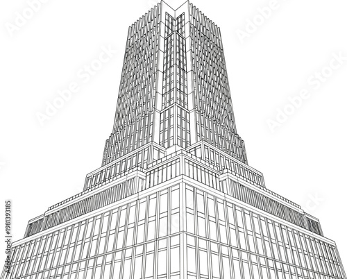 Detailed architectural illustration of a tall skyscraper viewed from a low angle, showcasing its intricate facade and grand scale