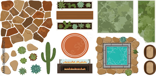 Outdoor living vector collection paving stones, succulents, fire pit, mini-pool, ground covers, cactus. Ideal for garden and patio landscape design projects