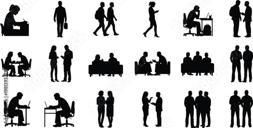 Collection of Silhouettes Illustrating Business and Social Interactions in Various Settings