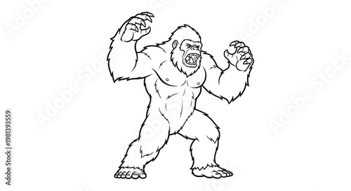 Bigfoot Monster Vector Illustration, Aggressive Sasquatch Character Design, Mythical Creature Line Art for Coloring Book and Gaming Assets