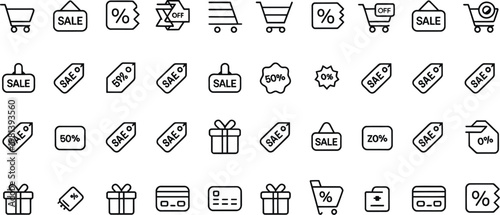 Shopping sale line icons set, e-commerce retail discount tags and price labels, 40 vector outline symbols for online store marketing and promotion
