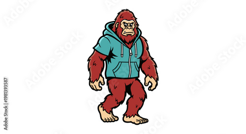 Bigfoot Wearing a Teal Hoodie Vector Illustration, Cartoon Sasquatch Character Design for Apparel and Mascot Branding