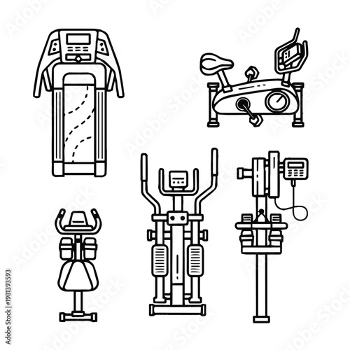 Line drawings of various gym equipment machines and tools