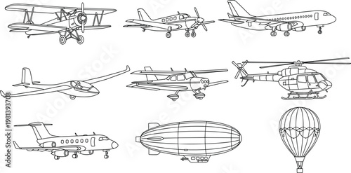 Collection of various aircraft silhouettes including biplanes, monoplanes, a helicopter, a blimp, and a hot air balloon