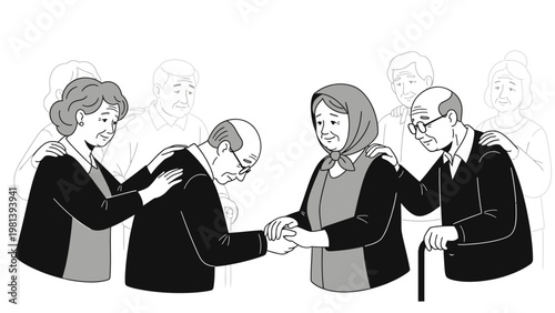 Supportive Community of Elderly People Comforting Each Other Illustration.