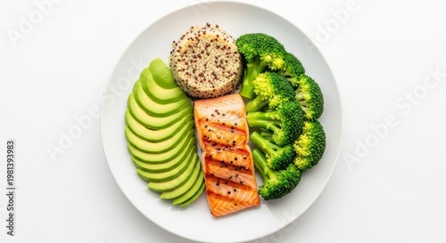 A top down view of a balanced meal featuring grilled salmon, fresh green broccoli, quinoa, and sliced avocado on a white ceramic plate, tasty, broccoli, healthy