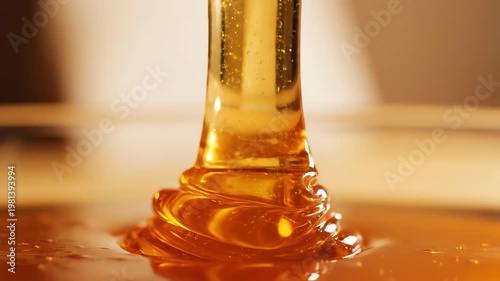 Macro Shot of Thick Golden Honey Pouring and Swirling
