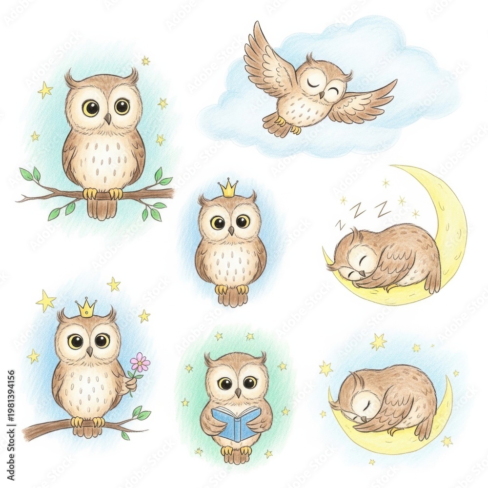 Fototapeta premium Whimsical Owls in Various Scenes and Emotions