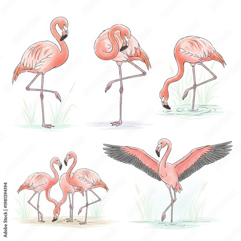 Obraz premium Flamingos in Various Poses and Expressions Illustration