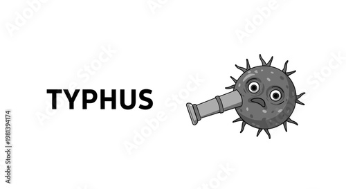 Typhus medical concept with cartoon bacteria character being viewed through a microscope.