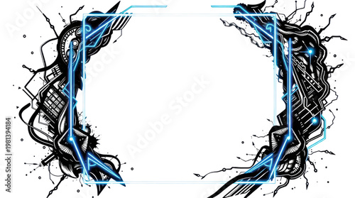 Futuristic Digital Frame with Glowing Neon Blue Lines and Abstract Circuit Art for Gaming or Streaming Overlay