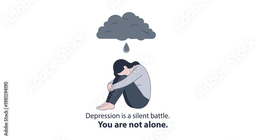 Depression awareness concept with sad woman sitting under a rain cloud illustration.