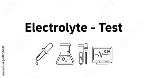 Electrolyte test medical concept with laboratory glassware and heart rate monitor icons.