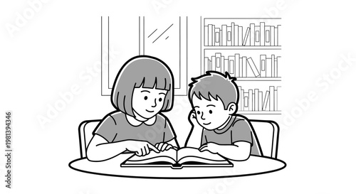 Two children reading a book together in a library or study room illustration.