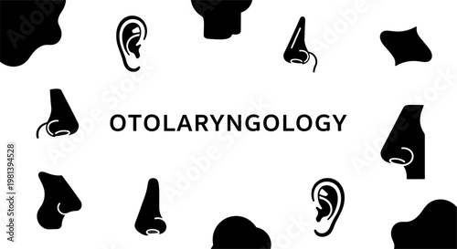 Otolaryngology medical concept with ear and nose icons set in minimalist black and white style.