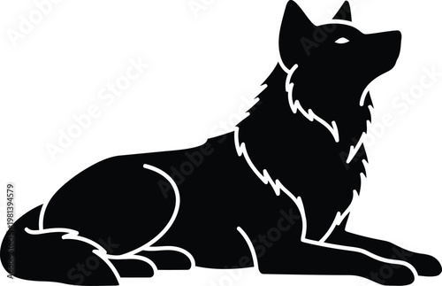Black silhouette of a resting wolf isolated on white background for logo and design projects